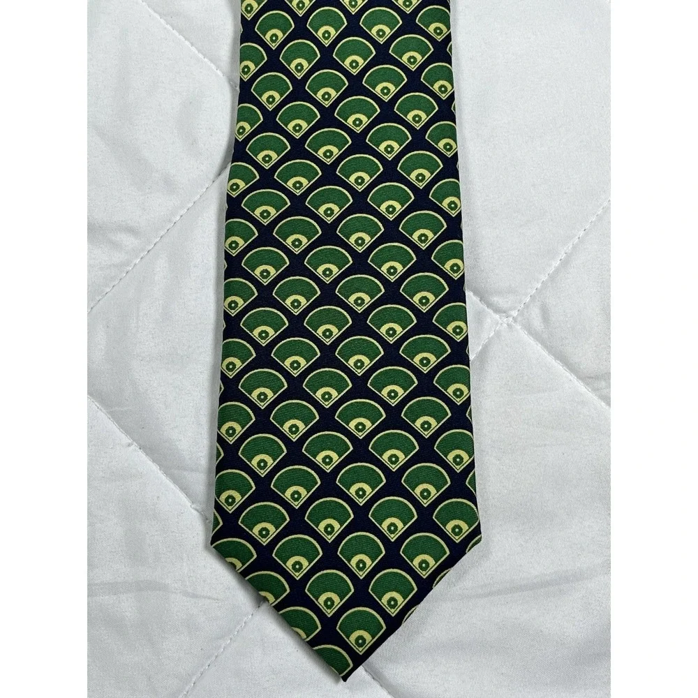 Josh Bach Silk Tie Navy Green Gold Geometric Fan Pattern Novelty